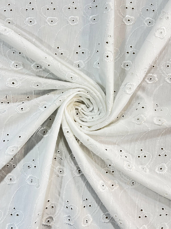 Gorgeous White Thread All-Over Eyelet Embroidery On Stretchable Cotton Knit Fabric