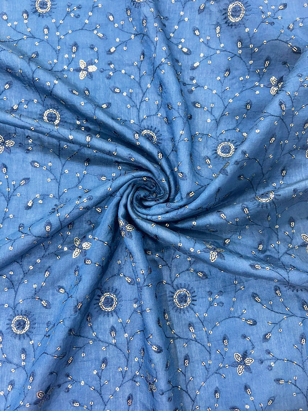 Stunning Blue Floral Sequin Embroidery on Chanderi Fabric