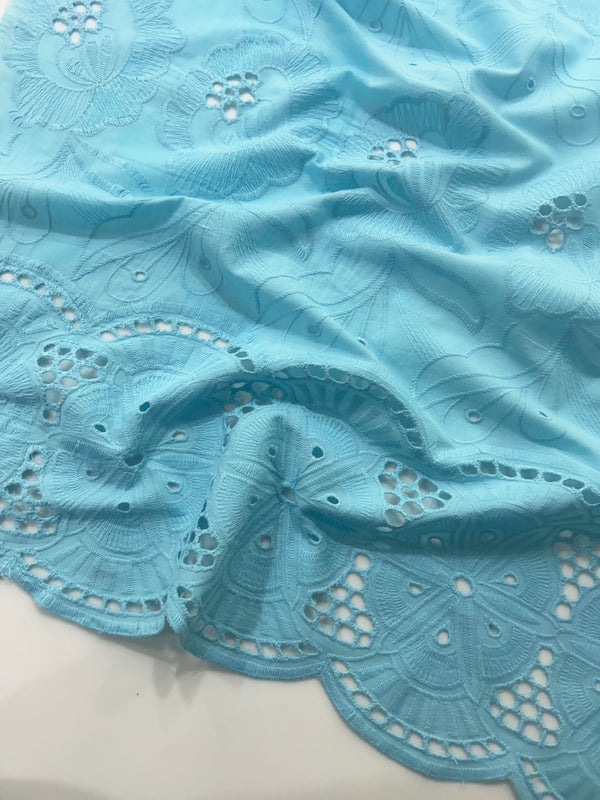 Floral All over Powder Blue  Thread Embroidery on Pure Cotton Dry Lace Fabric