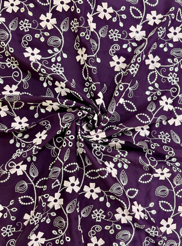 Pink Floral Applique Embroidery On Purple Cotton Fabric