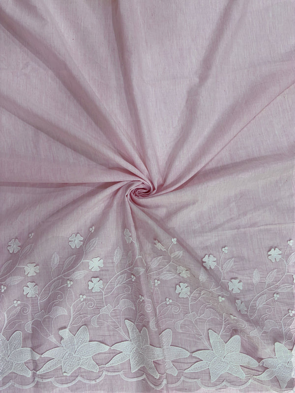 Floral White Thread Applique Embroidery On Powder Pink Cotton Fabric
