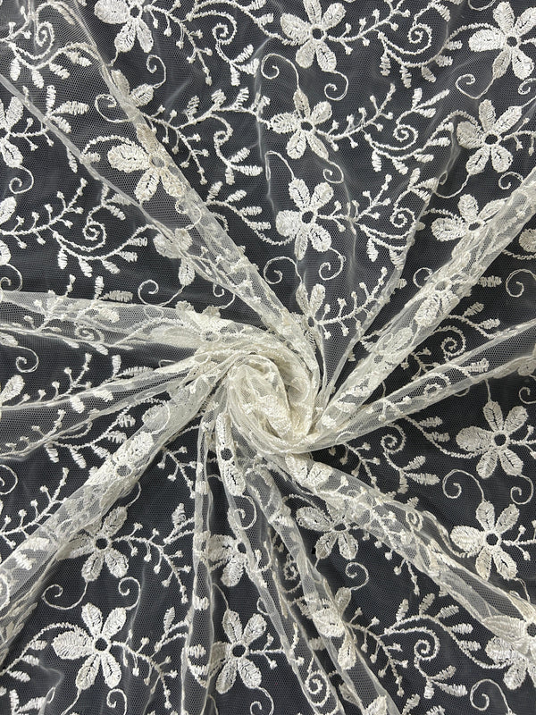 White Floral Net Embroidery Fabric