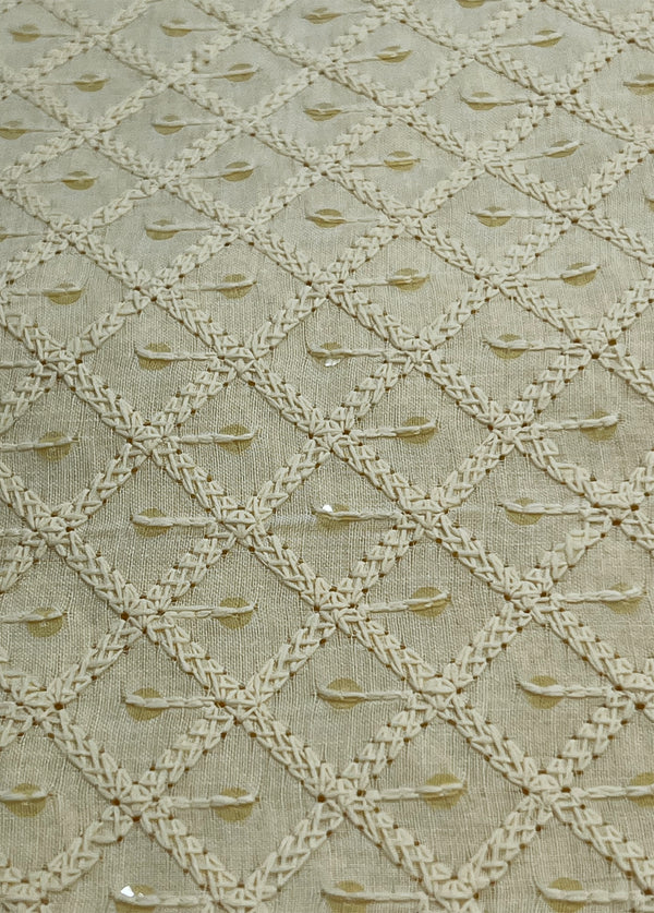 Abstract White Thread Embroidery With Sequins On Blended Lime Yellow Cotton Fabric