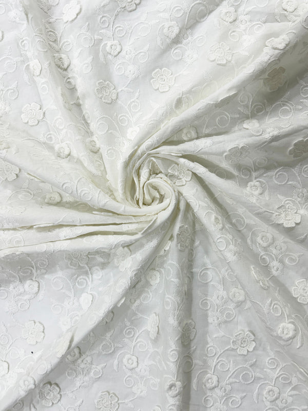 White Allover Floral Applique Embroidery On Dyeable Cotton Fabric