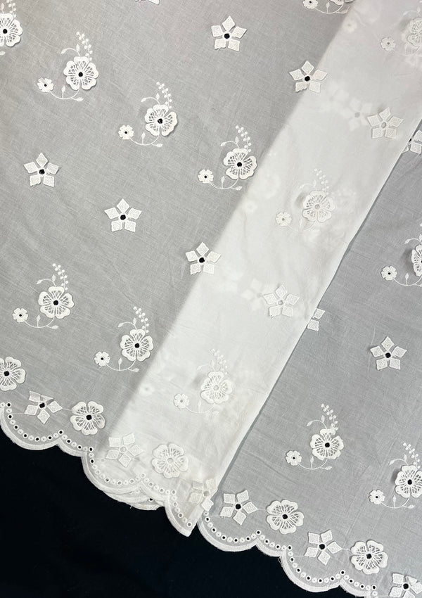 Beautiful White Floral Applique Embroidery On Dyeable Extra Soft Cotton Fabric